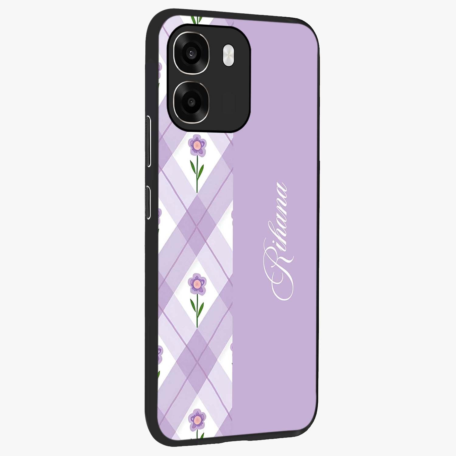 Purple Diamond Floral Glass Case upright view showcasing vibrant floral artwork with stylish geometric theme.