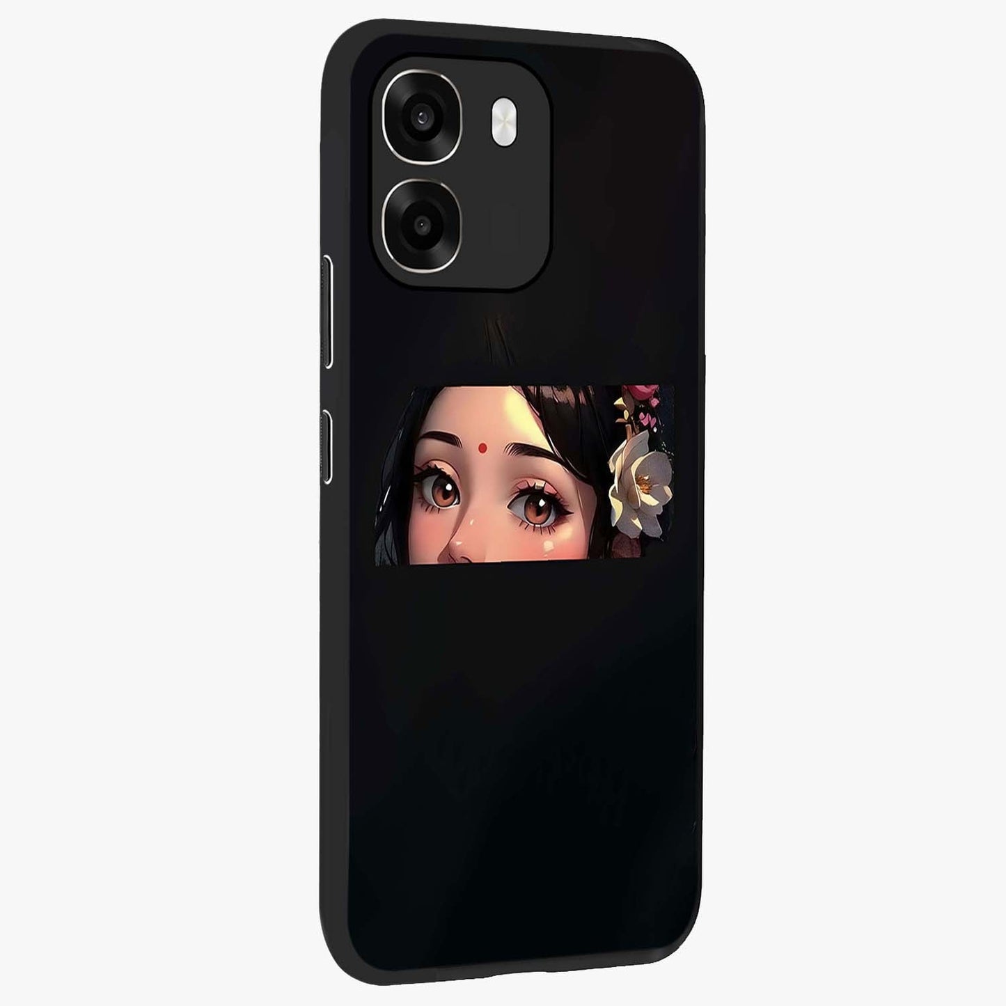 Radha Divine Embrace Glass Case upright view showcasing sacred Radha themed artwork with peaceful devotional style.