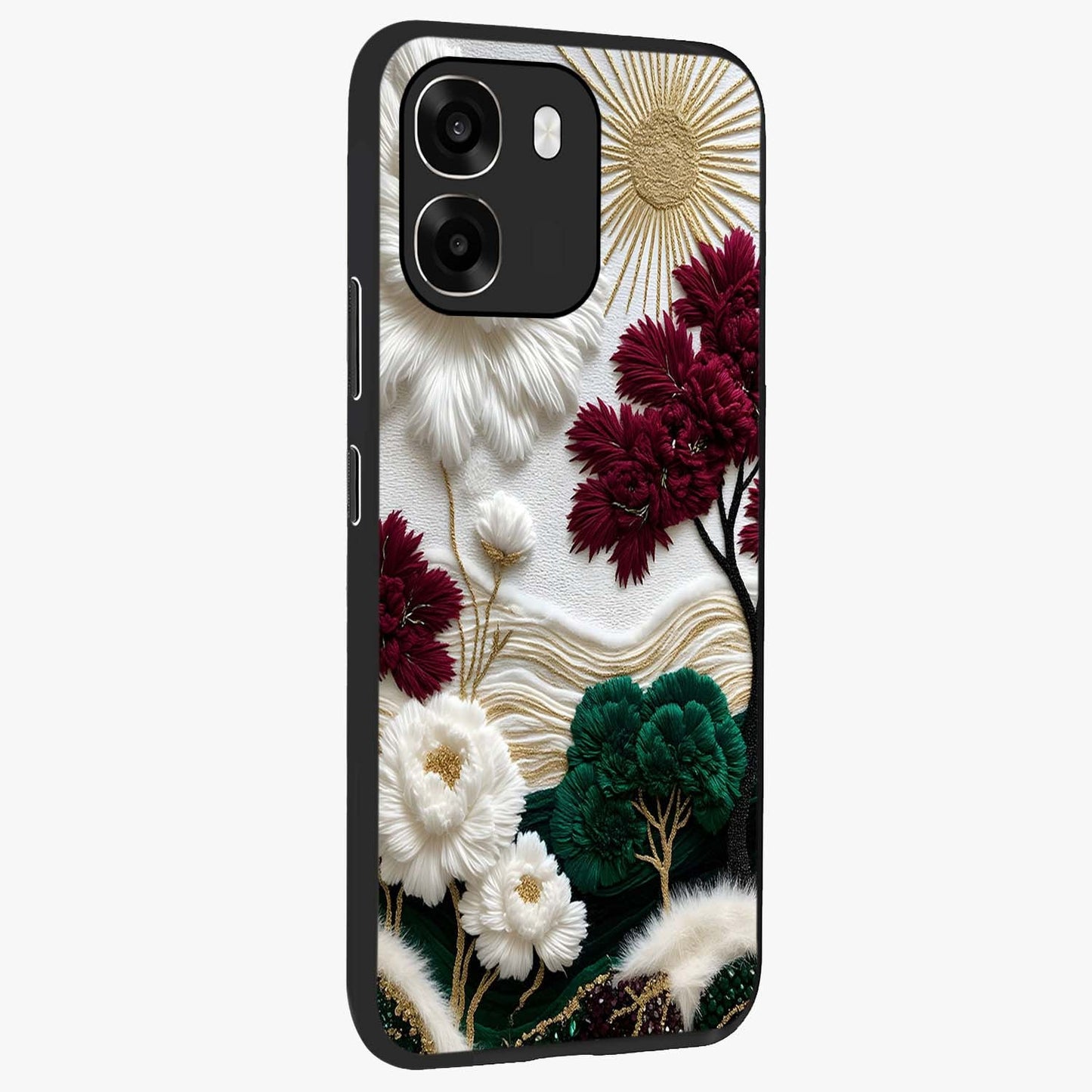Radiant Bloom Elegance Glass Case upright view showcasing decorative flower artwork with refined botanical theme.