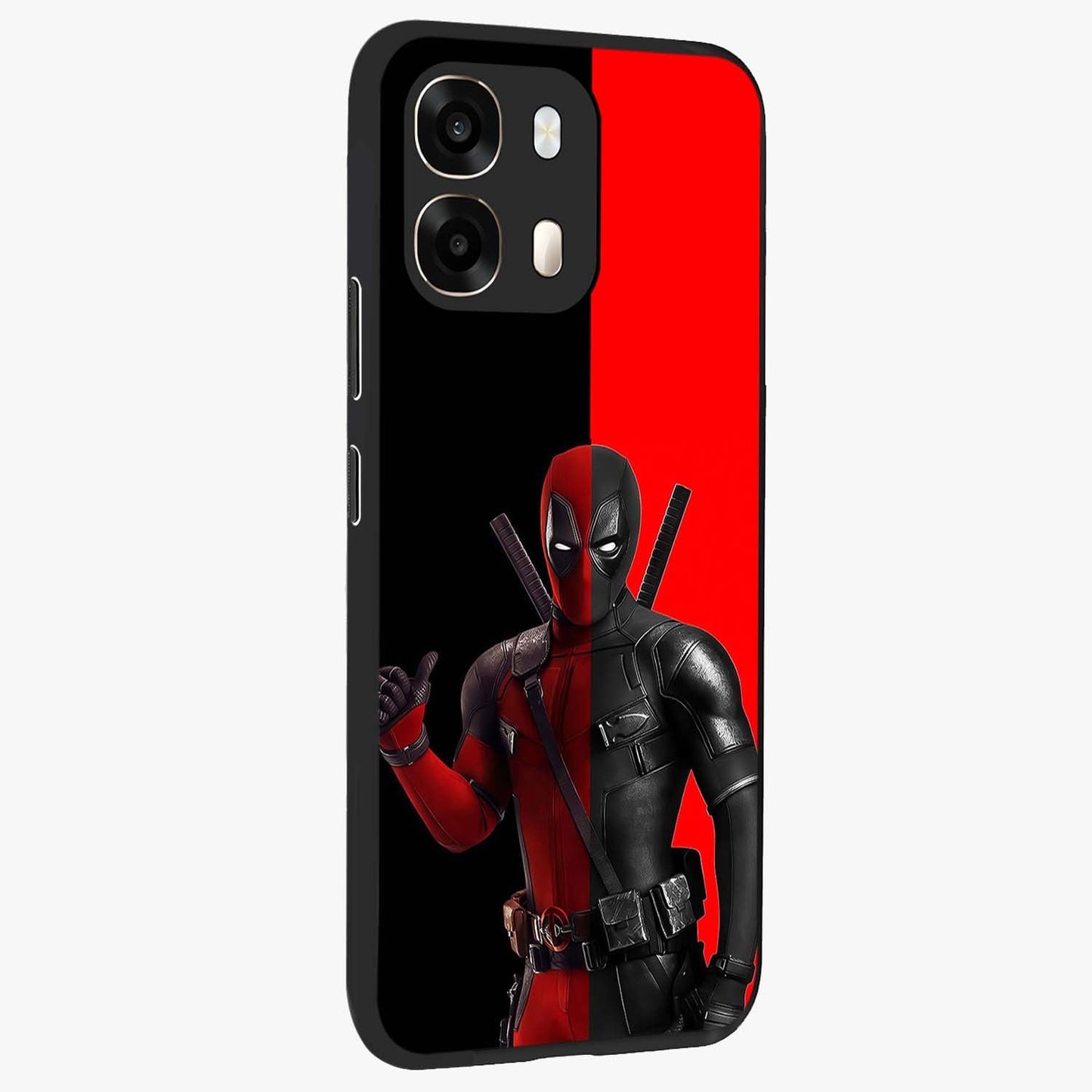 Red & Black Deadpool Theme Glass Case upright view showcasing energetic comic themed artwork with striking red and black design.