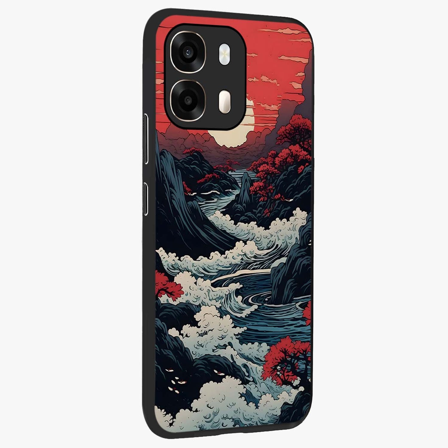 Red Sunset Scenery Glass Case upright view showcasing dramatic sunset scenery artwork with warm nature theme.