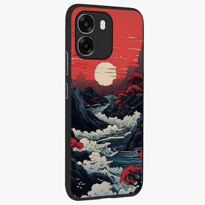 Red Sunset Scenery Glass Case upright view showcasing dramatic sunset scenery artwork with warm nature theme.