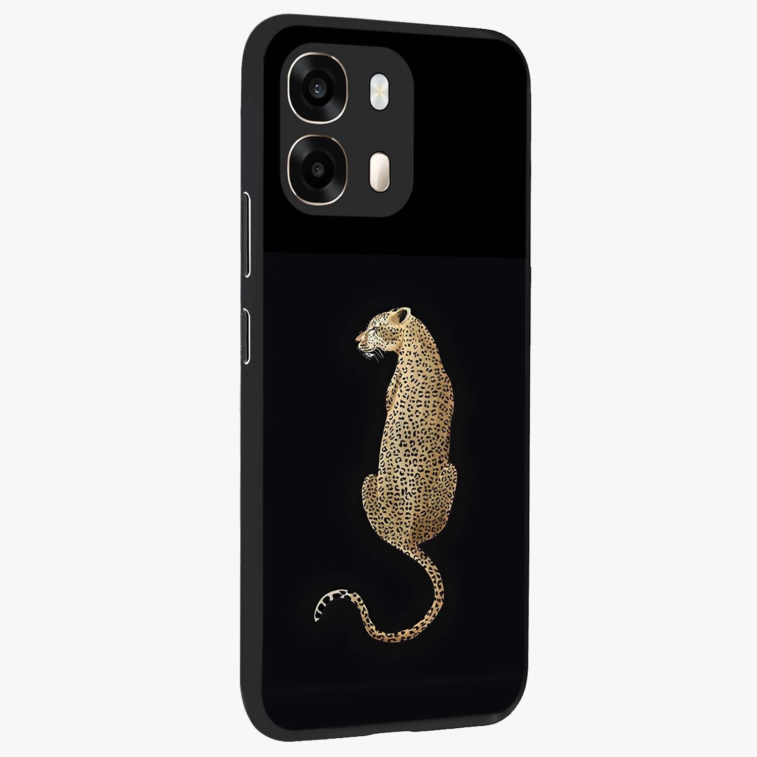 Regal Leopard Glass Case upright view showcasing striking leopard artwork with fierce wildlife theme.