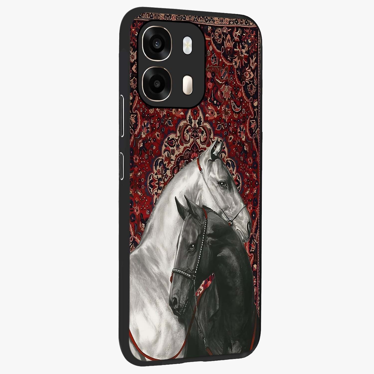 Regal Stallion Tapestry Glass Case upright view showcasing powerful horse artwork with elegant tapestry theme.