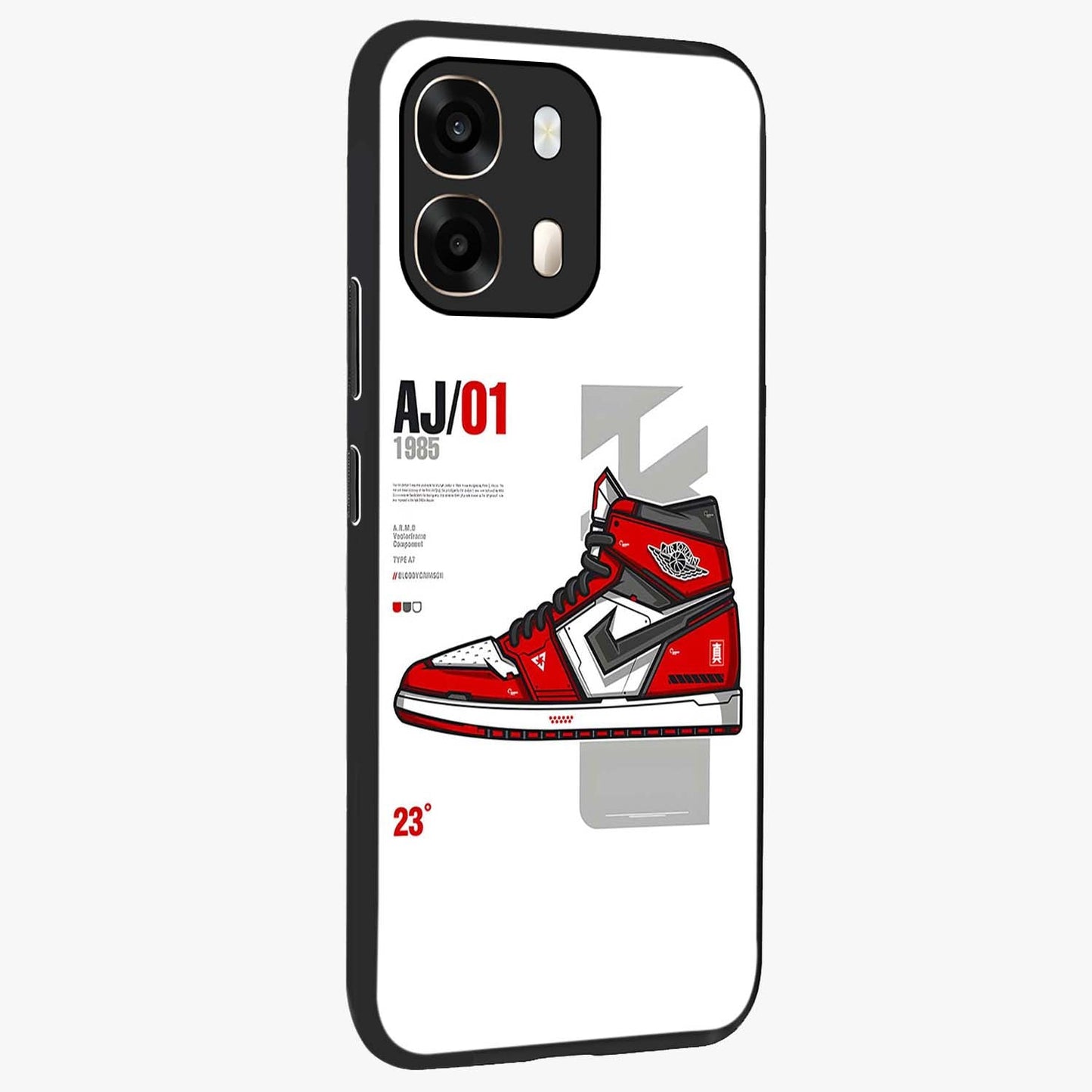 Retro Sneaker Blueprint Glass Case upright view showcasing stylish sneaker illustration with vintage streetwear theme.