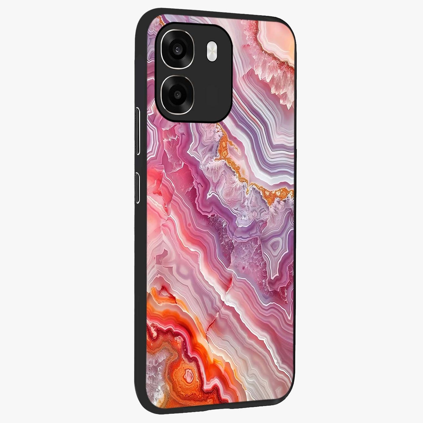 Rose Quartz Marble Glass Case upright view showcasing decorative marble artwork with luxurious pastel theme.