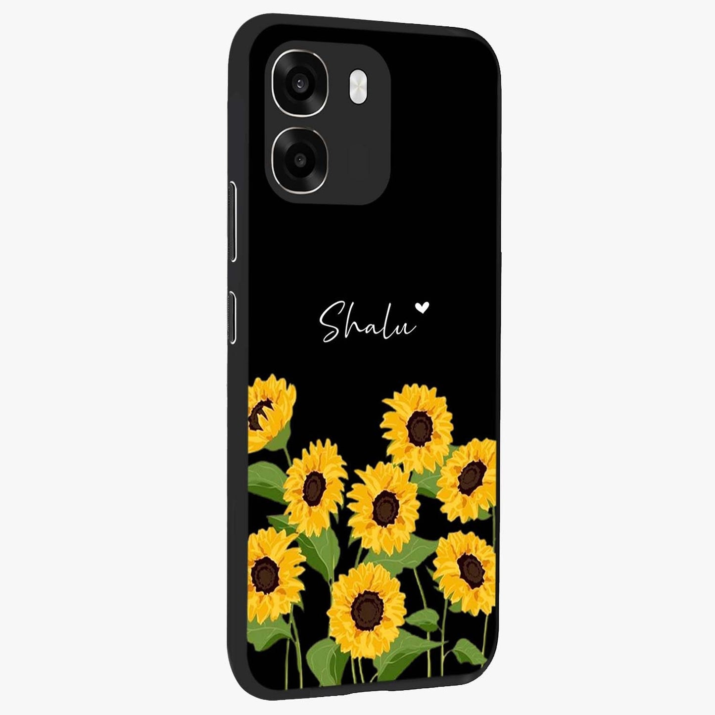 Sunflower Chic Mood Custom Name Glass Case upright view showcasing cheerful sunflower artwork with trendy floral theme.