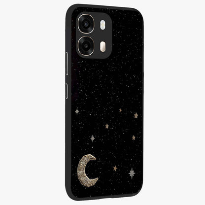 Twinkle Star With Half Moon Glass Case upright view showcasing glowing cosmic artwork with dreamy night theme.