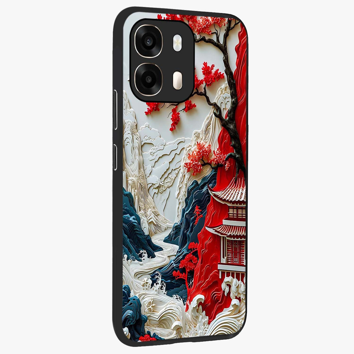 Whispers Of Sakura Waves Glass Case upright view showcasing delicate cherry blossom artwork with elegant nature theme.