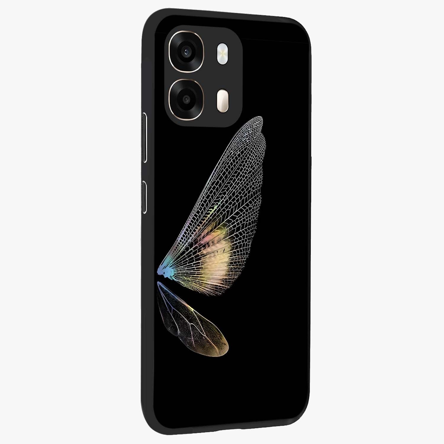 Whispers Of Wings Glass Case upright view showcasing elegant wing artwork with light airy theme.