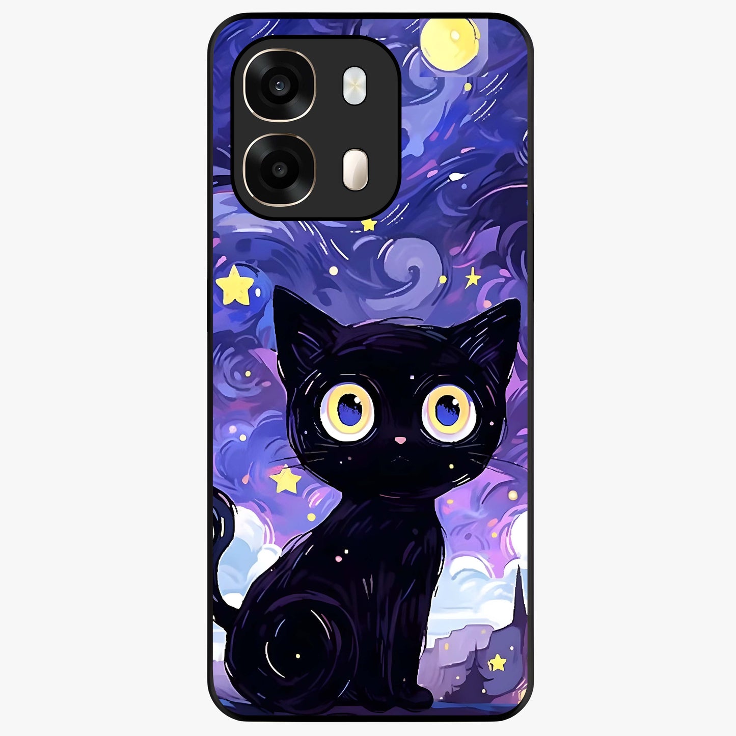 Abstract Cat Art Glass Case showing flat back view with artistic cat illustration and glossy glass finish.