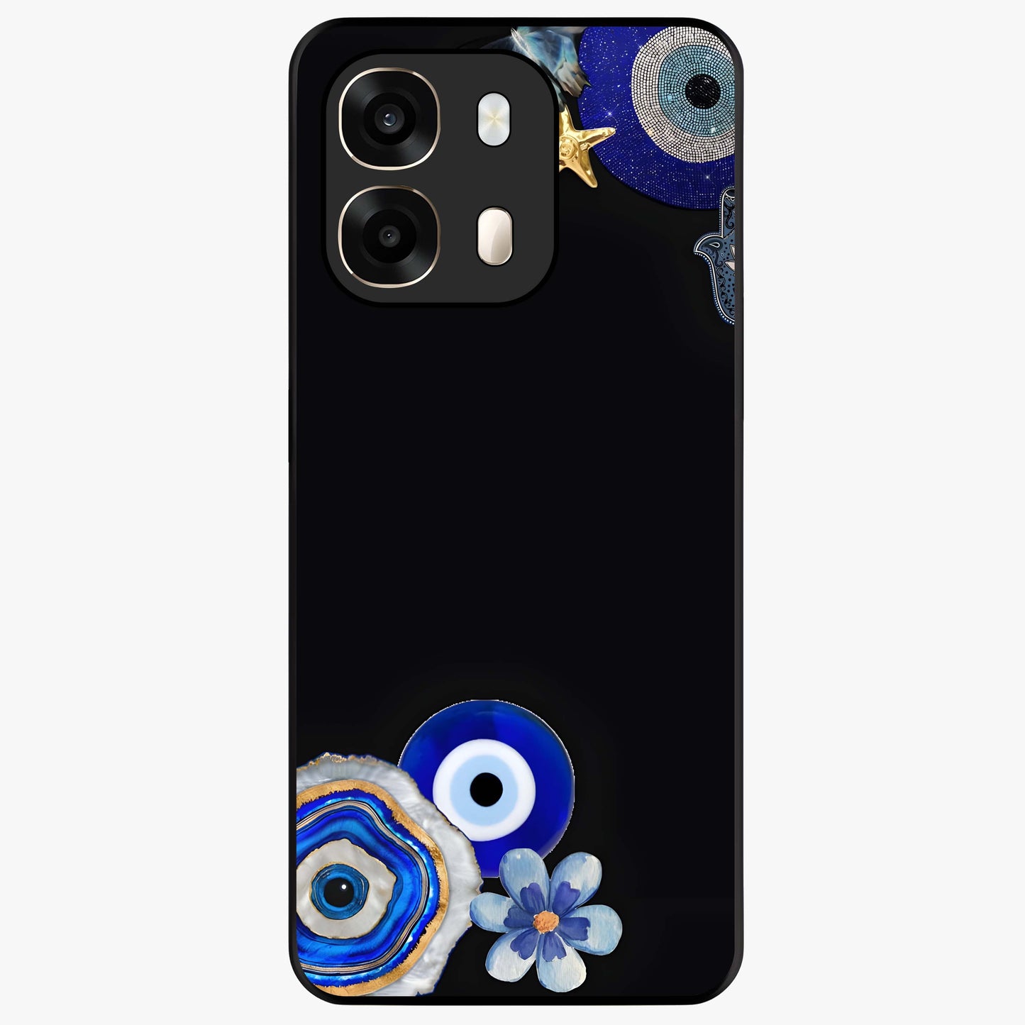 Aesthetic Blue Evil Eye Glass Case showing flat back view with protective evil eye artwork and glossy glass finish.