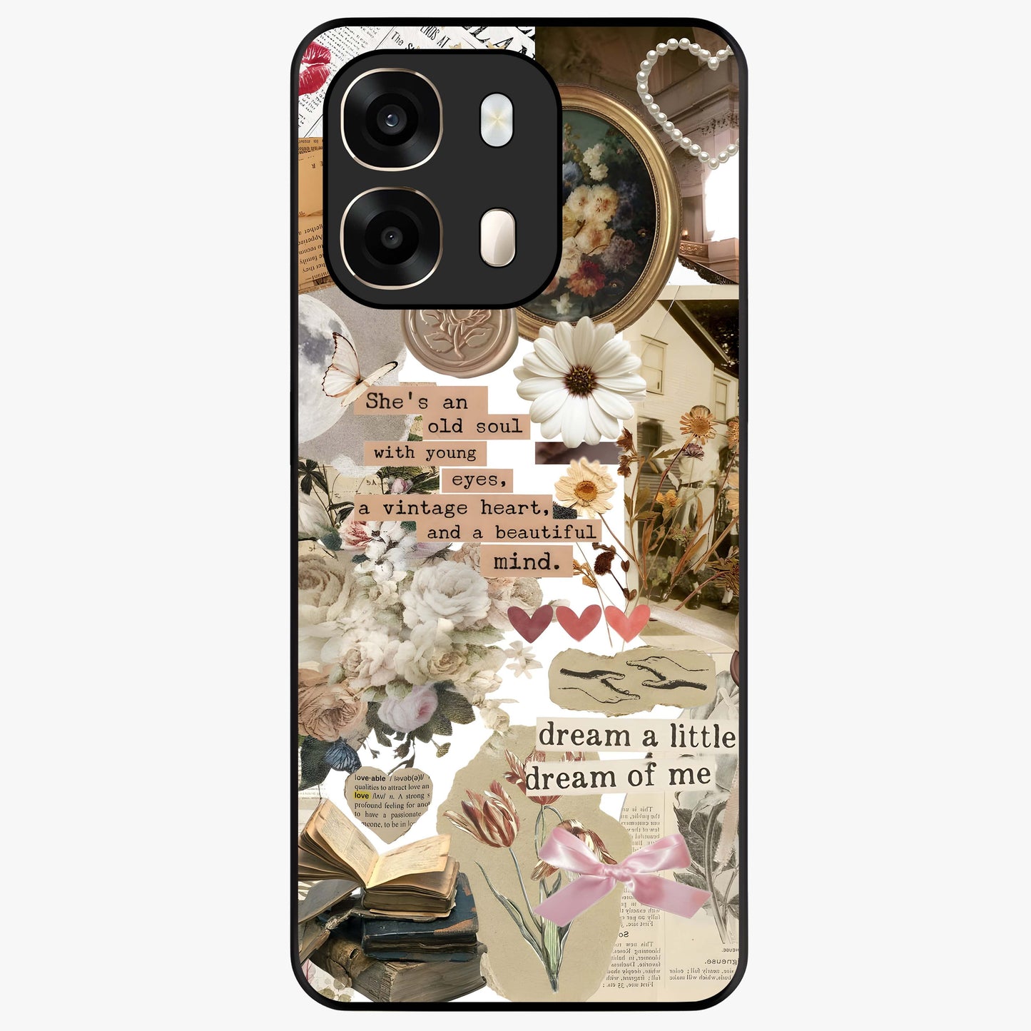 Aesthetic Brown Vintage Collage Glass Case showing flat back view with retro collage artwork and glossy glass finish.