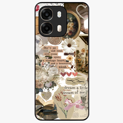 Aesthetic Brown Vintage Collage Glass Case showing flat back view with retro collage artwork and glossy glass finish.