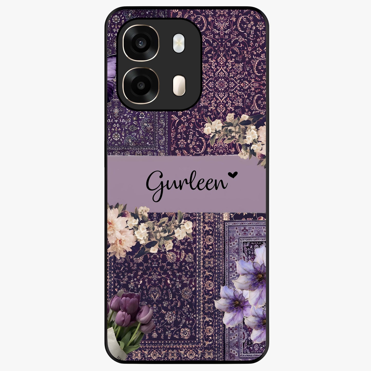 Antique Floral Whisper Custom Name Glass Case showing flat back view with vintage floral artwork and personalized name design.