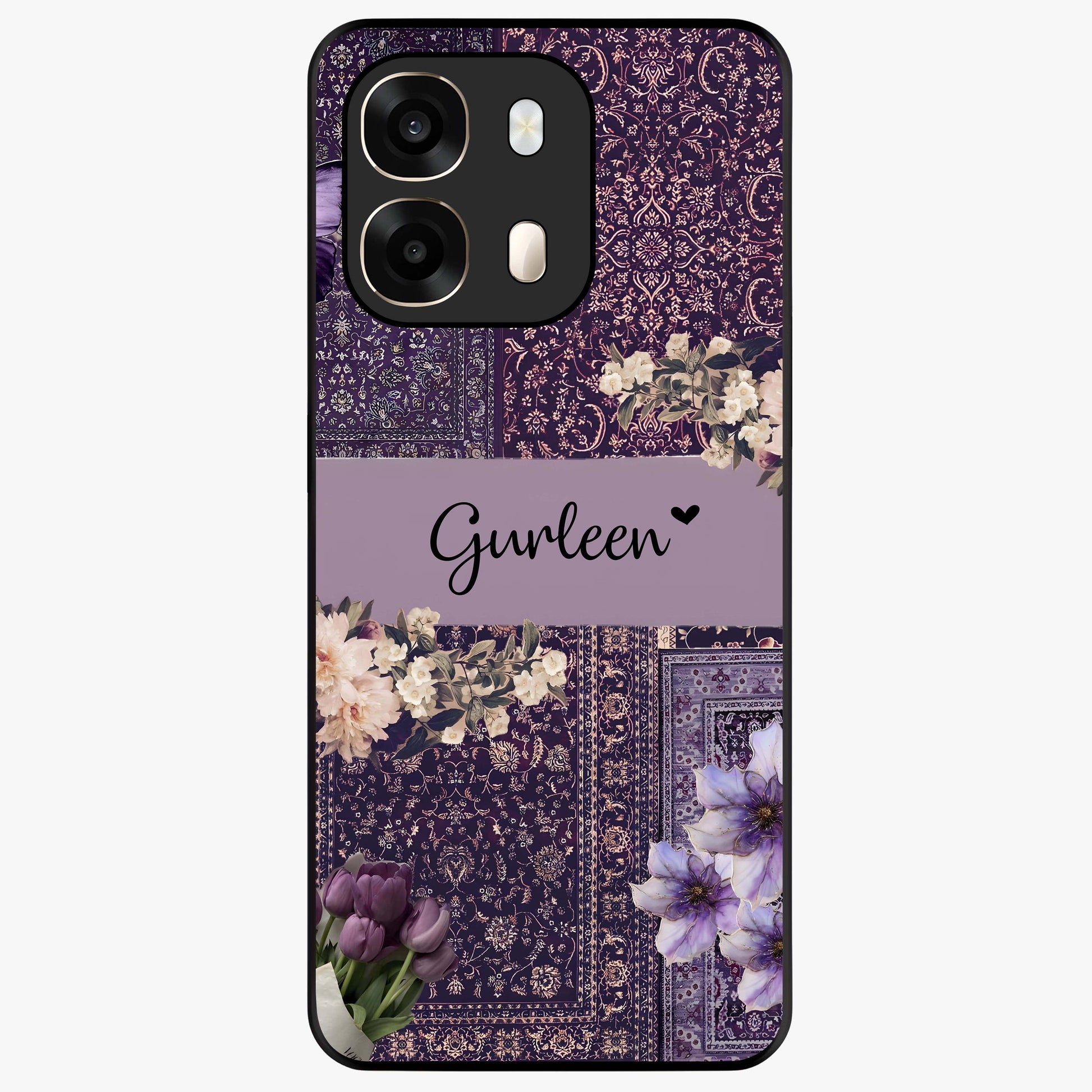 Antique Floral Whisper Custom Name Glass Case showing flat back view with vintage floral artwork and personalized name design.