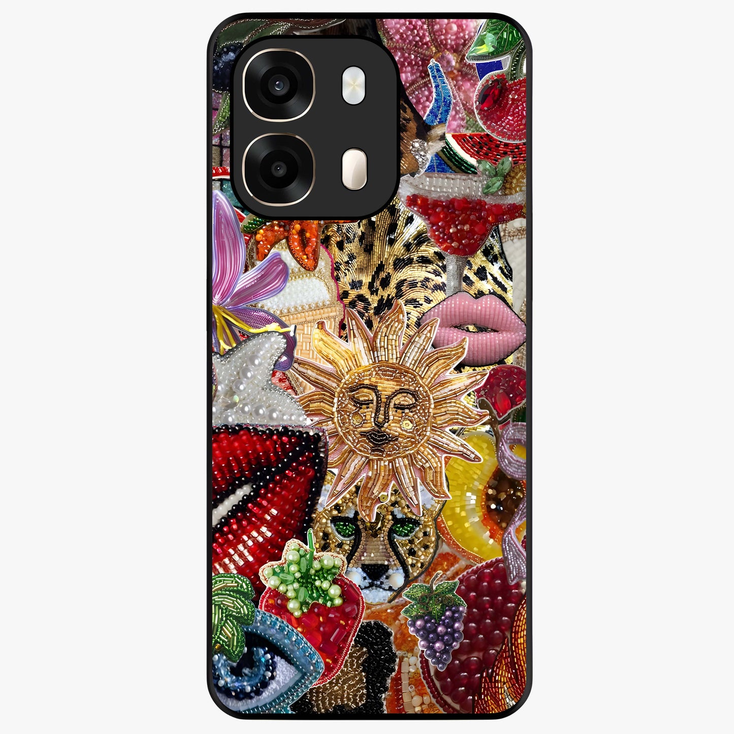Beaded Fashion Jungle Glass Case showing flat back view with vibrant jungle inspired bead artwork and glossy glass finish.