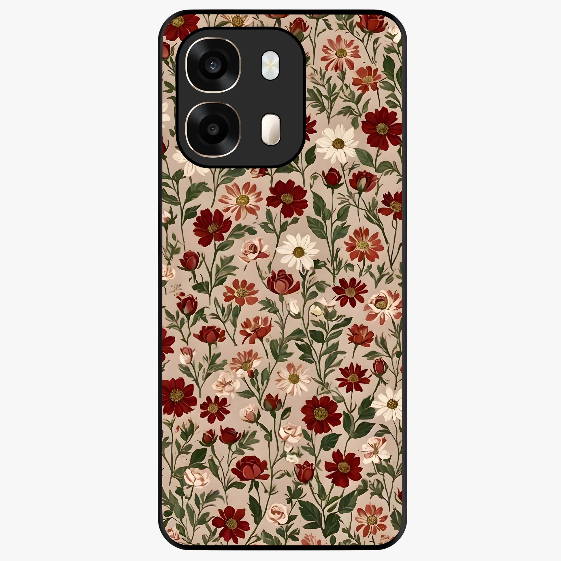 Biege Flower With Leaf Glass Case showing flat back view with soft beige floral artwork and glossy glass finish.
