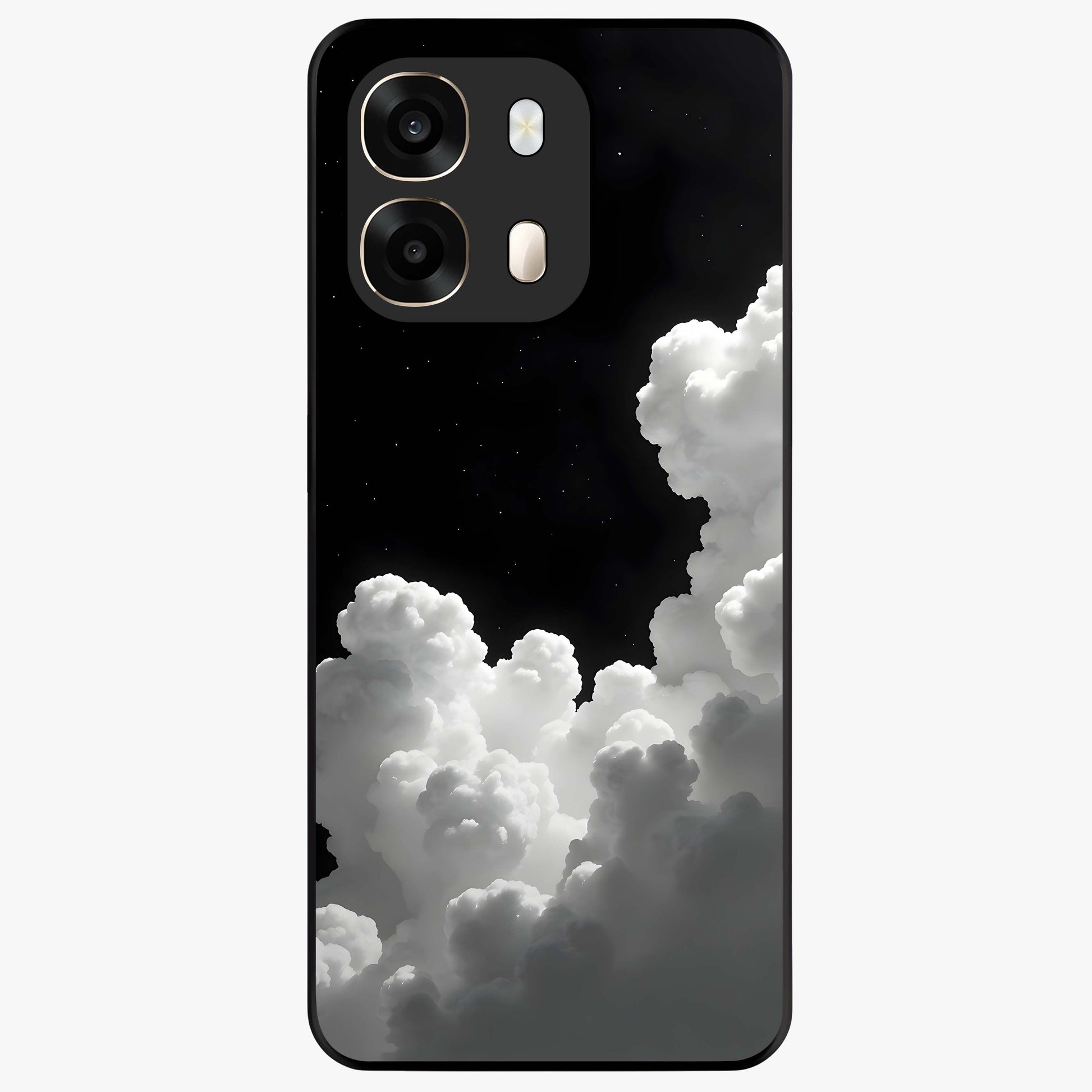Black Background With White Cloud Glass Case showing flat back view with minimal cloud artwork on dark background and glossy glass finish.