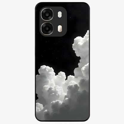 Black Background With White Cloud Glass Case showing flat back view with minimal cloud artwork on dark background and glossy glass finish.
