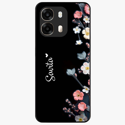 Black Elegance Floral Custom Name Glass Case showing flat back view with elegant floral artwork and personalized name design.