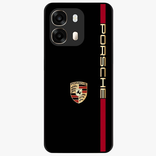 Black Minimal Porsche Glass Case showing flat back view with sleek minimal sports car artwork and glossy glass finish.
