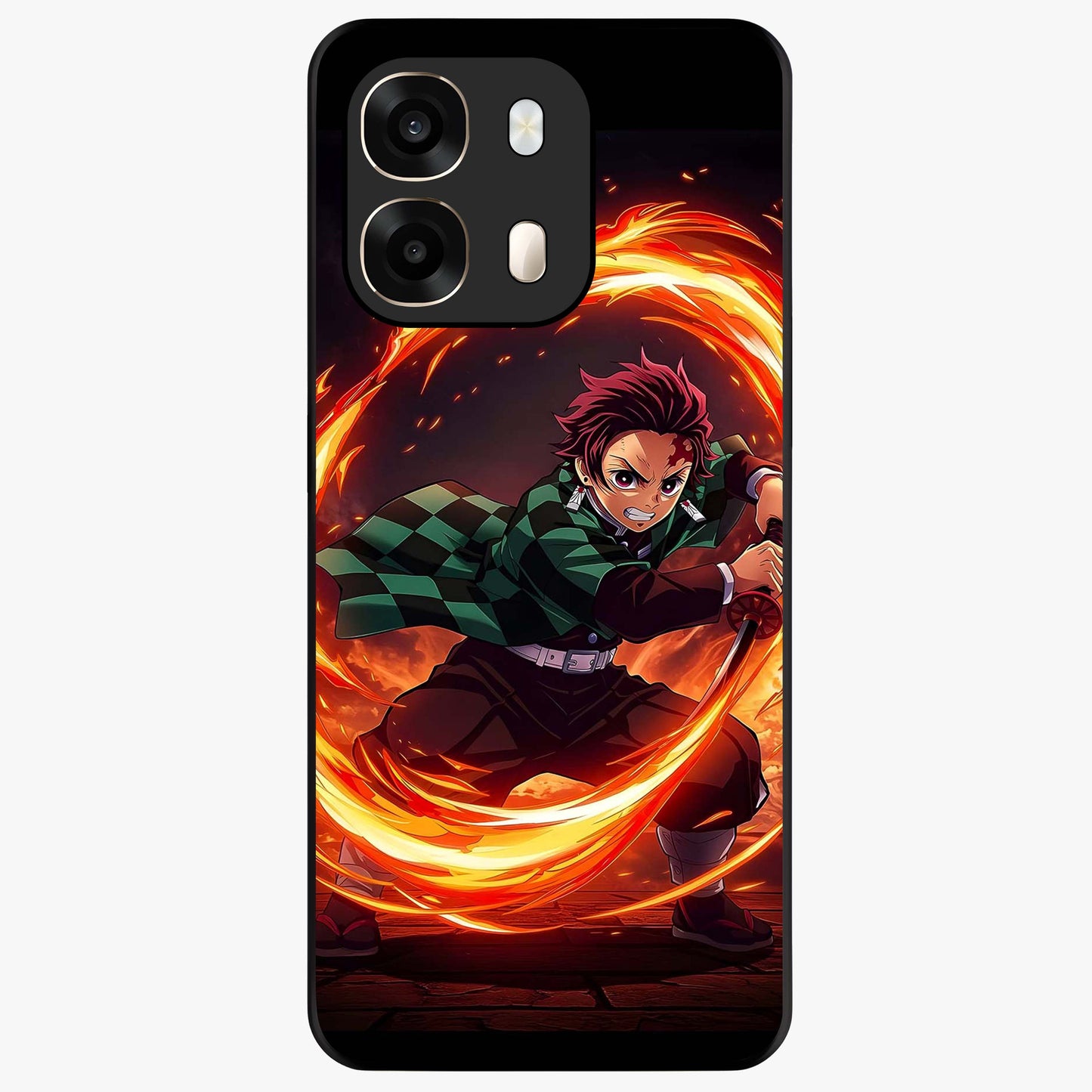 Blazing Sword Resolve Glass Case showing flat back view with fiery sword artwork and glossy glass finish.