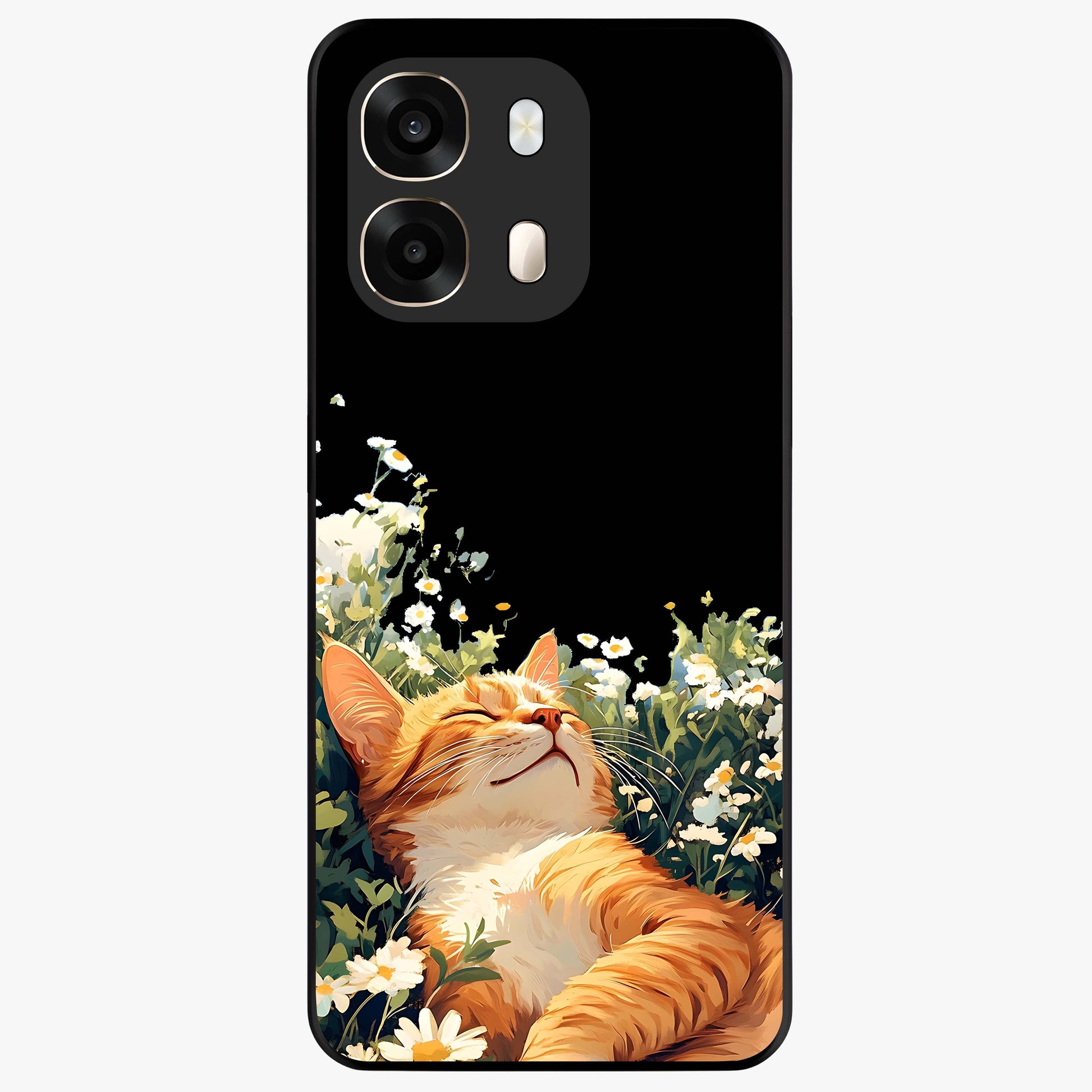 Blissful Bloom Cat Glass Case showing flat back view with cute cat and floral bloom artwork and glossy glass finish.