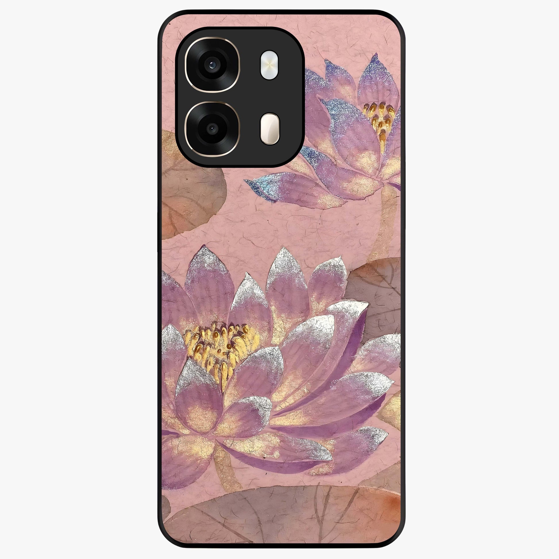 Blossom Mist Lotus Glass Case showing flat back view with serene lotus blossom artwork and glossy glass finish.