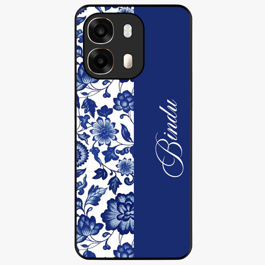 Blue Vintage Floral Pattern Glass Case upright view showcasing timeless floral illustration with vintage inspired style.