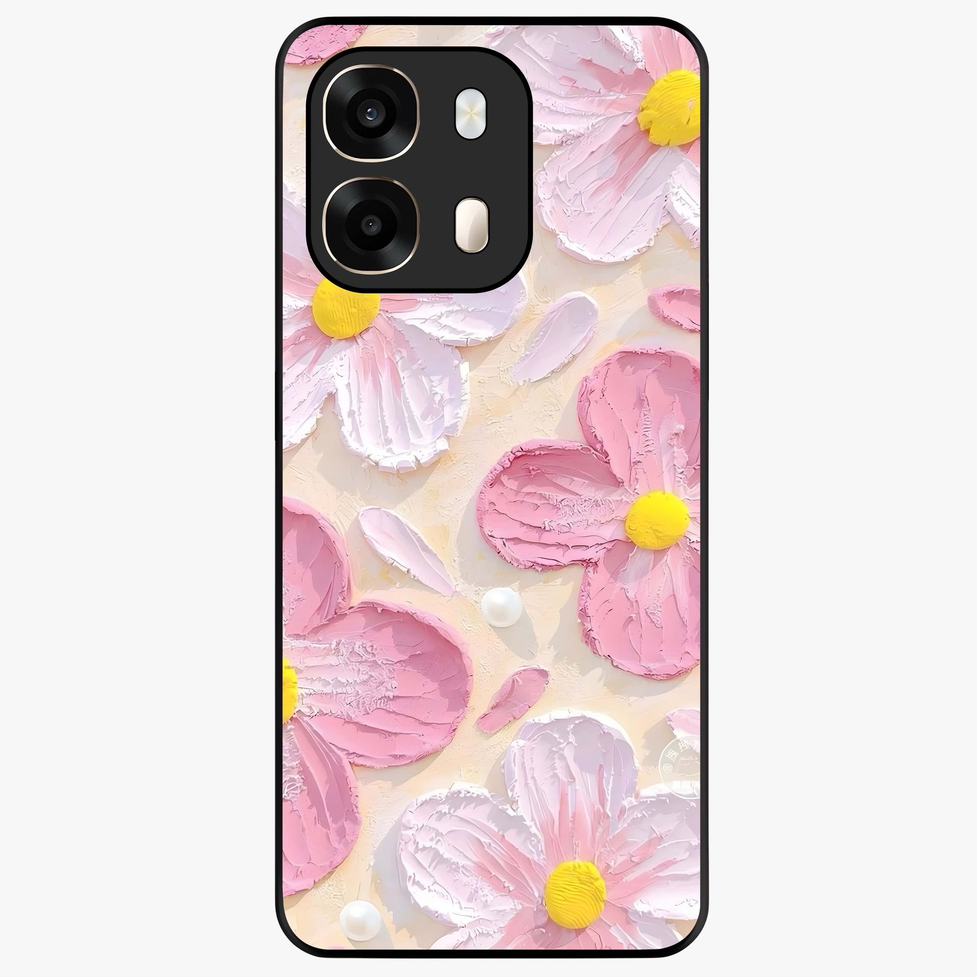 Blush Bloom Texture Glass Case showing flat back view with soft blush floral texture artwork and glossy glass finish.