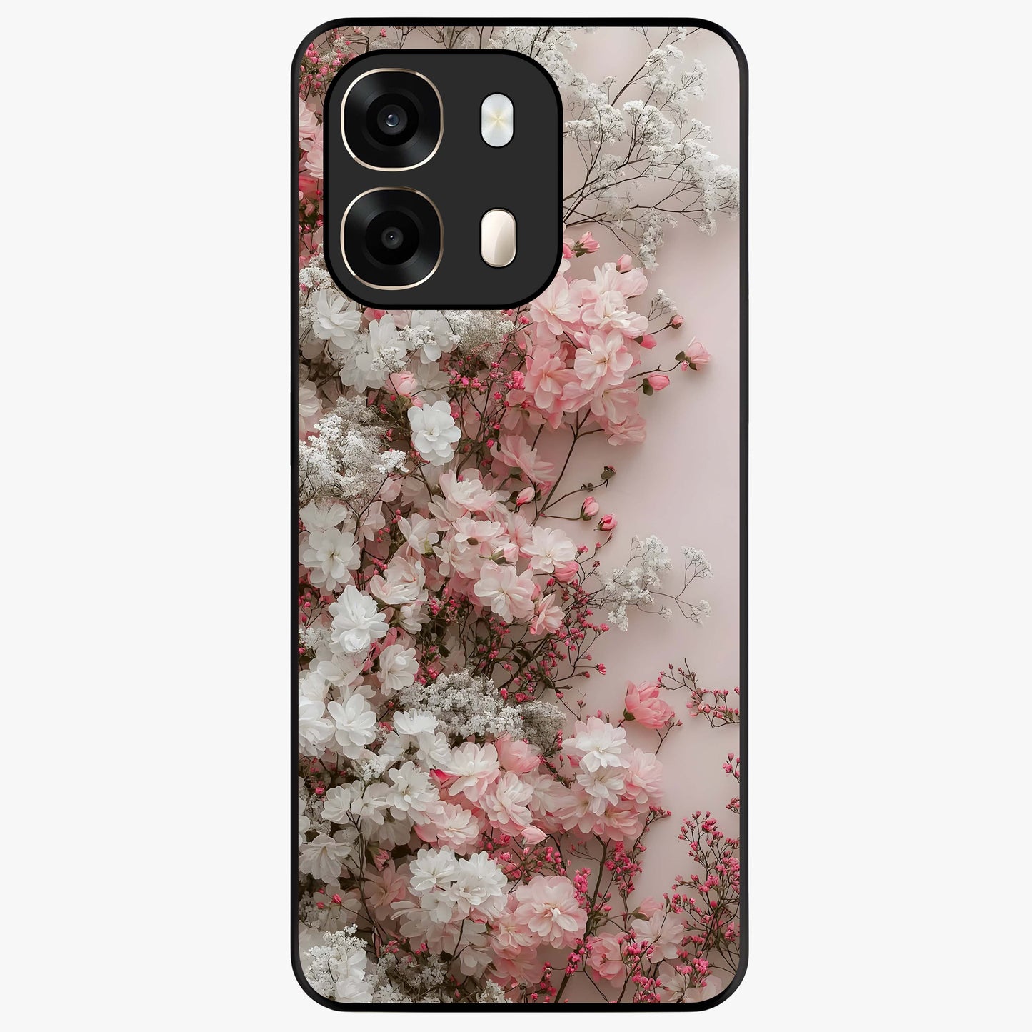 Blush Blossom Cloud Glass Case showing flat back view with dreamy blush cloud blossom artwork and glossy glass finish.