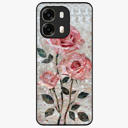 Blush Mosaic Bloom Glass Case showing flat back view with mosaic floral bloom artwork and glossy glass finish.
