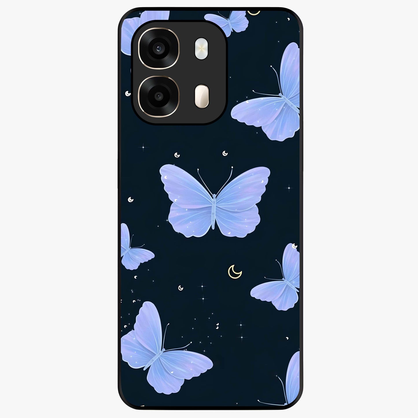 Butterfly With Stars Pattern Glass Case showing flat back view with butterfly and star pattern artwork and glossy glass finish.