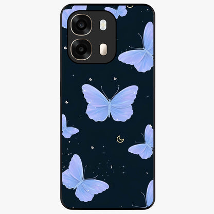 Butterfly With Stars Pattern Glass Case showing flat back view with butterfly and star pattern artwork and glossy glass finish.