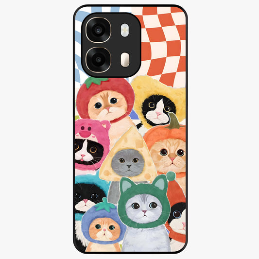 Cats in Fruits Glass Case showing flat back view with playful cat illustrations inside fruit artwork and glossy glass finish.