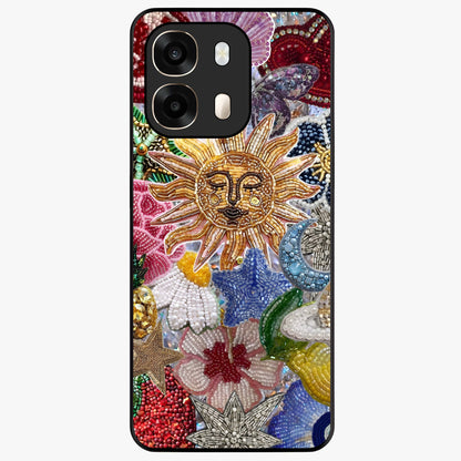 Celestial Floral and Playful Glass Case showing flat back view with floral and celestial themed artwork and glossy glass finish.