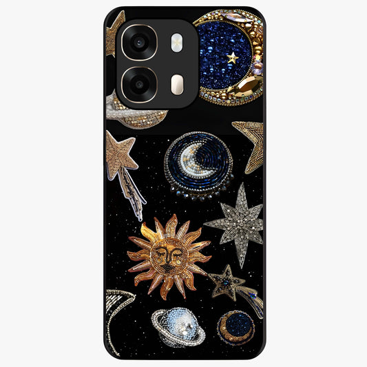 Celestial Gem Constellations Glass Case showing flat back view with sparkling constellation artwork and glossy glass finish.