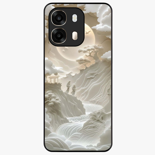 Celestial Origami Glass Case showing flat back view with artistic origami inspired celestial artwork and glossy glass finish.