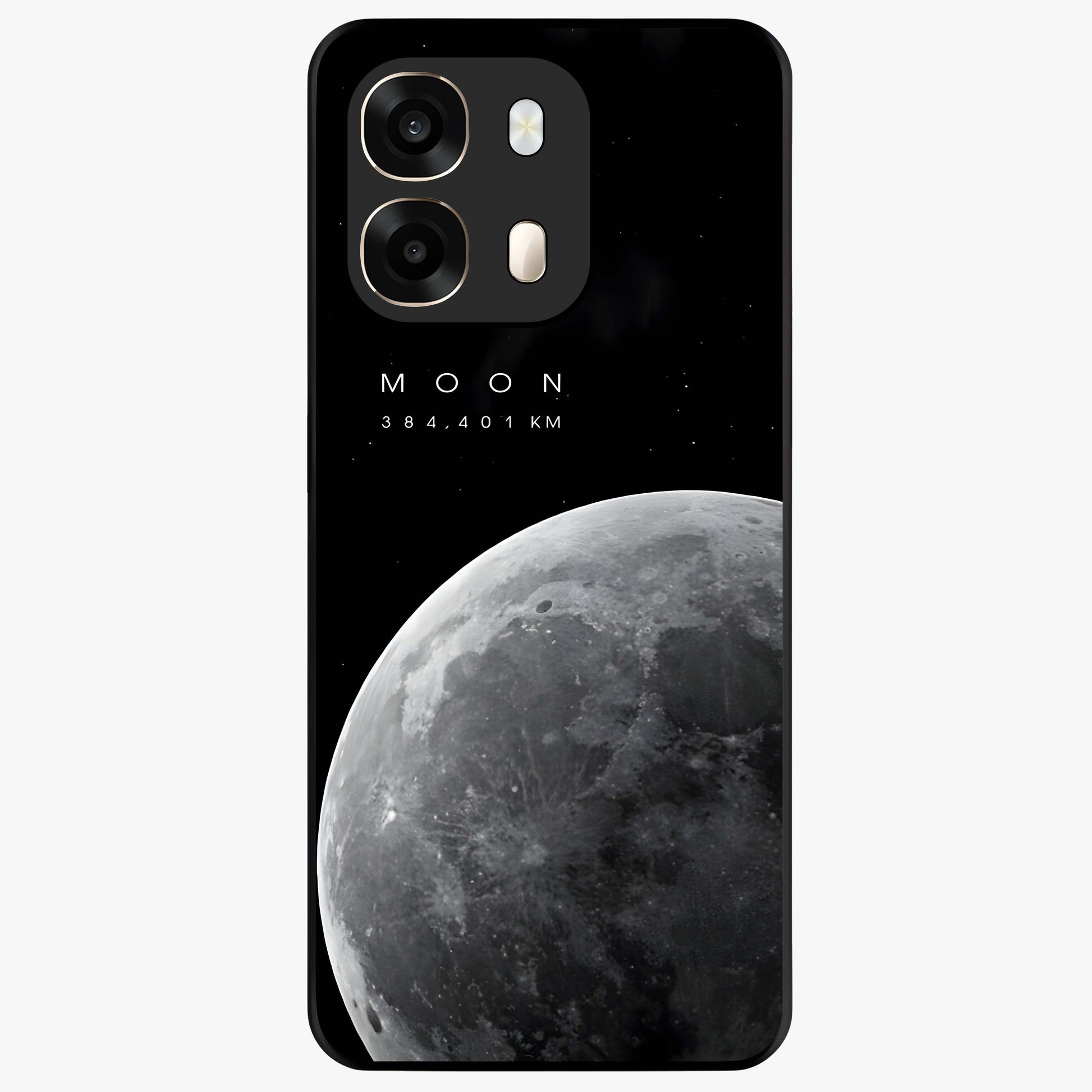 Cosmic Moon Glow Glass Case showing flat back view with glowing moon artwork and glossy glass finish.