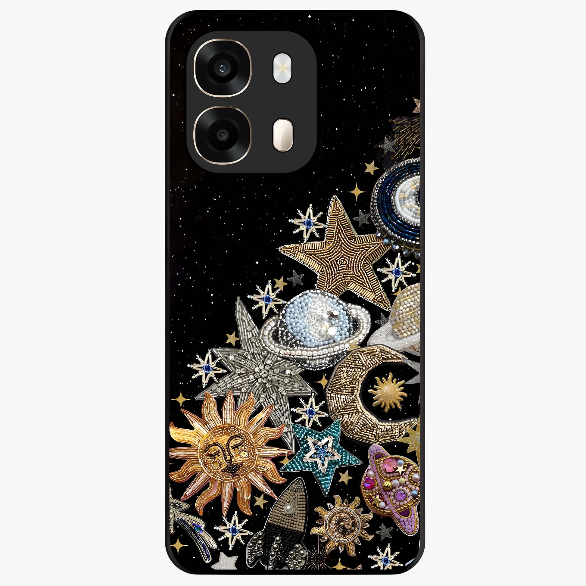 Cosmic Sparkle Dreams Glass Case showing flat back view with sparkling cosmic artwork and glossy glass finish.