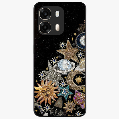 Cosmic Sparkle Dreams Glass Case showing flat back view with sparkling cosmic artwork and glossy glass finish.