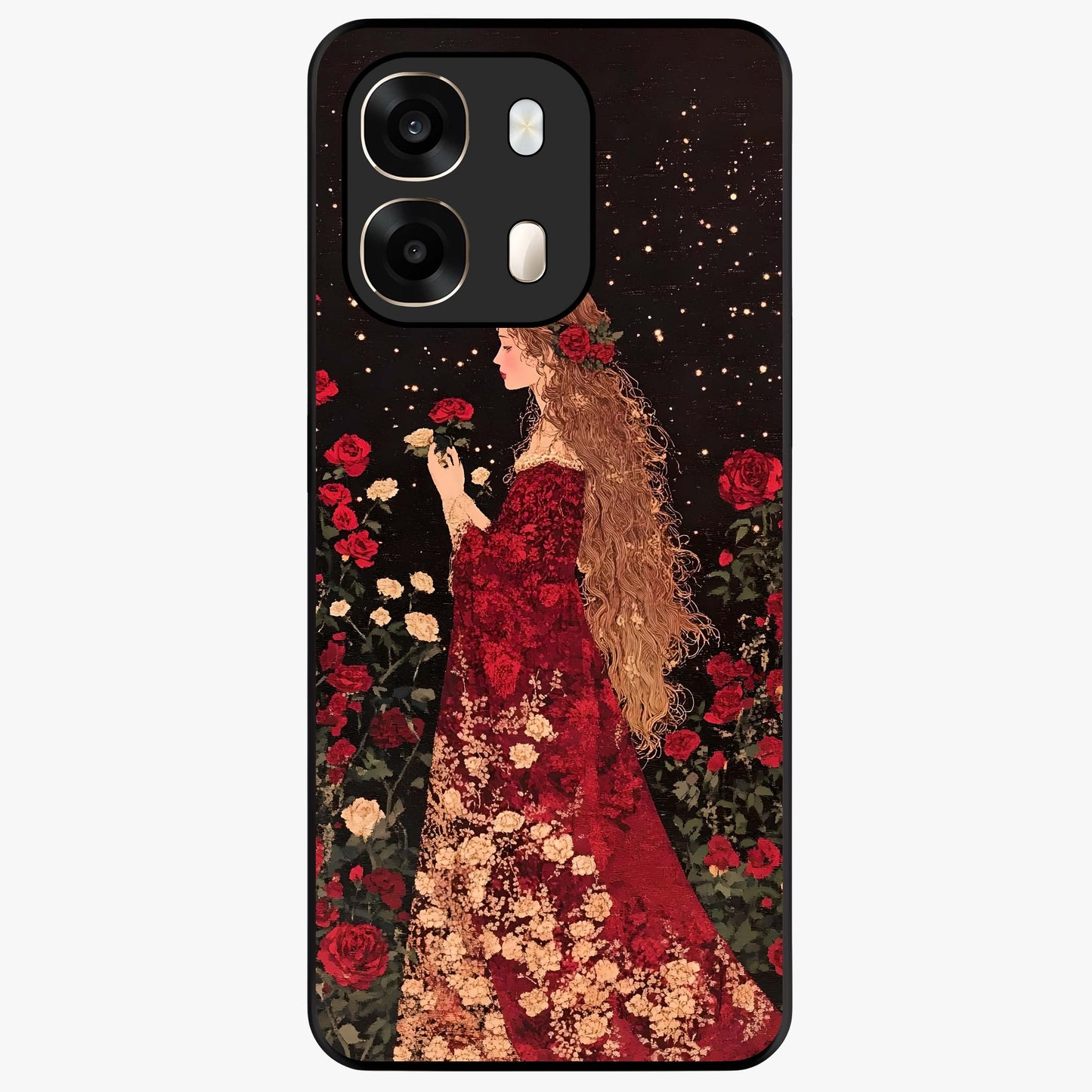 Crimson Dreams Glass Case showing flat back view with dreamy crimson artwork and glossy glass finish.