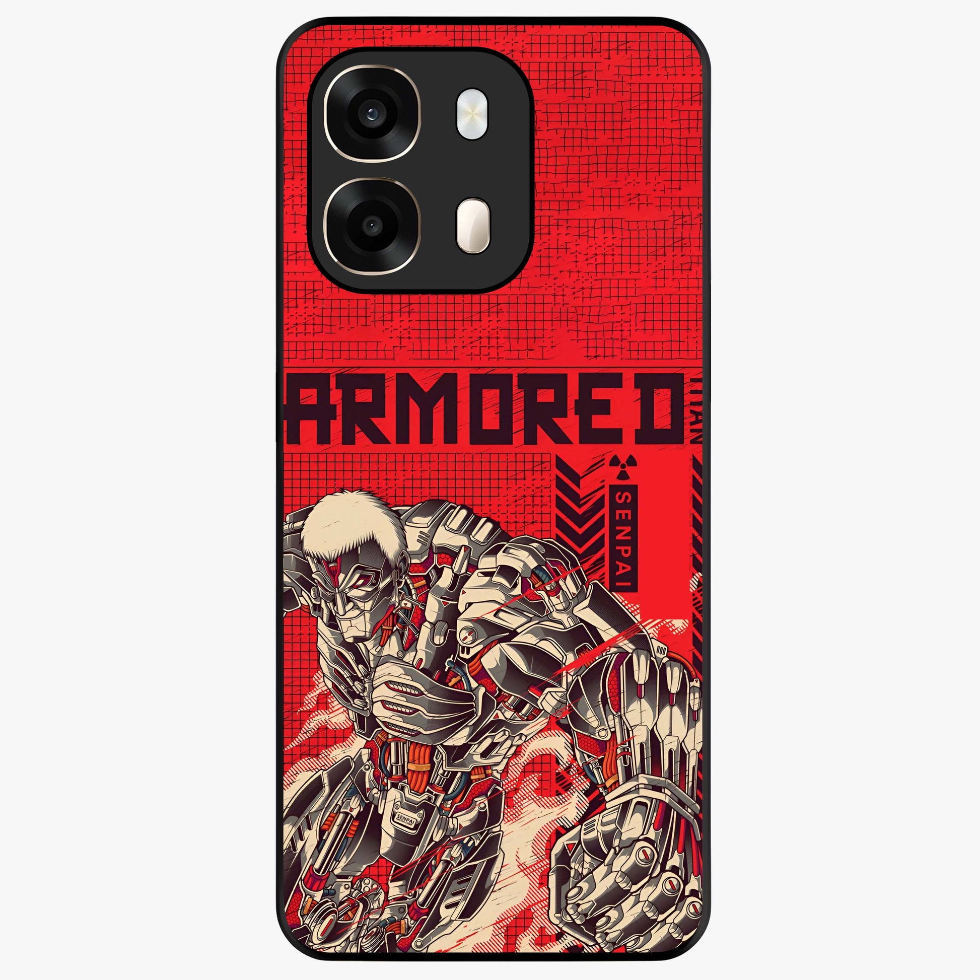 Crimson Mecha Titan Glass Case showing flat back view with powerful mech titan artwork and glossy glass finish.