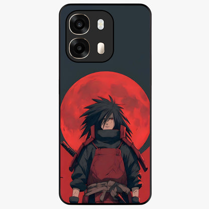 Crimson Moon Warlord Glass Case showing flat back view with mystical moon warrior artwork and glossy glass finish.