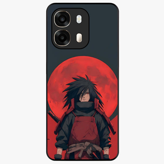 Crimson Moon Warlord Glass Case showing flat back view with mystical moon warrior artwork and glossy glass finish.