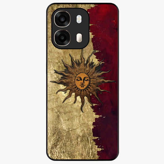Crimson Sun Majesty Glass Case showing flat back view with radiant sun inspired artwork and glossy glass finish.