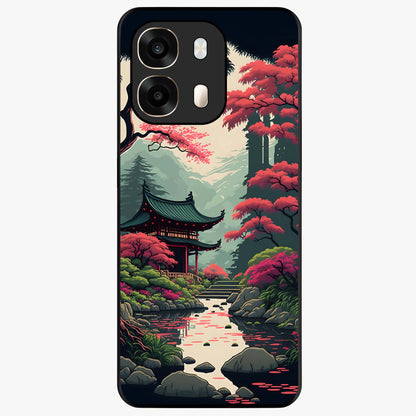 Crimson Temple View Glass Case showing flat back view with temple inspired artwork and glossy glass finish.