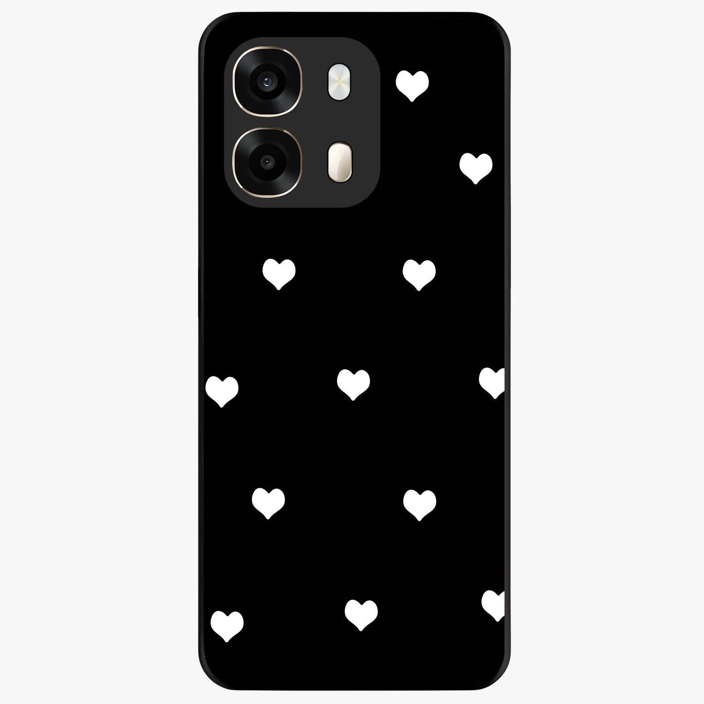 Cute And Simple White Hearts Glass Case showing flat back view with minimal white heart pattern and glossy glass finish.