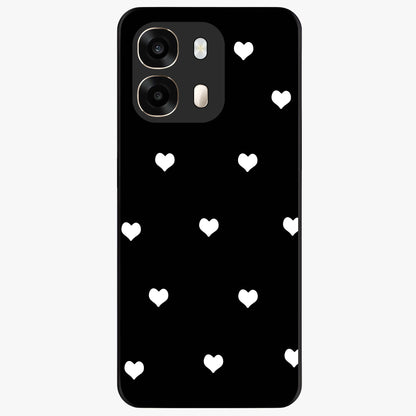 Cute And Simple White Hearts Glass Case showing flat back view with minimal white heart pattern and glossy glass finish.